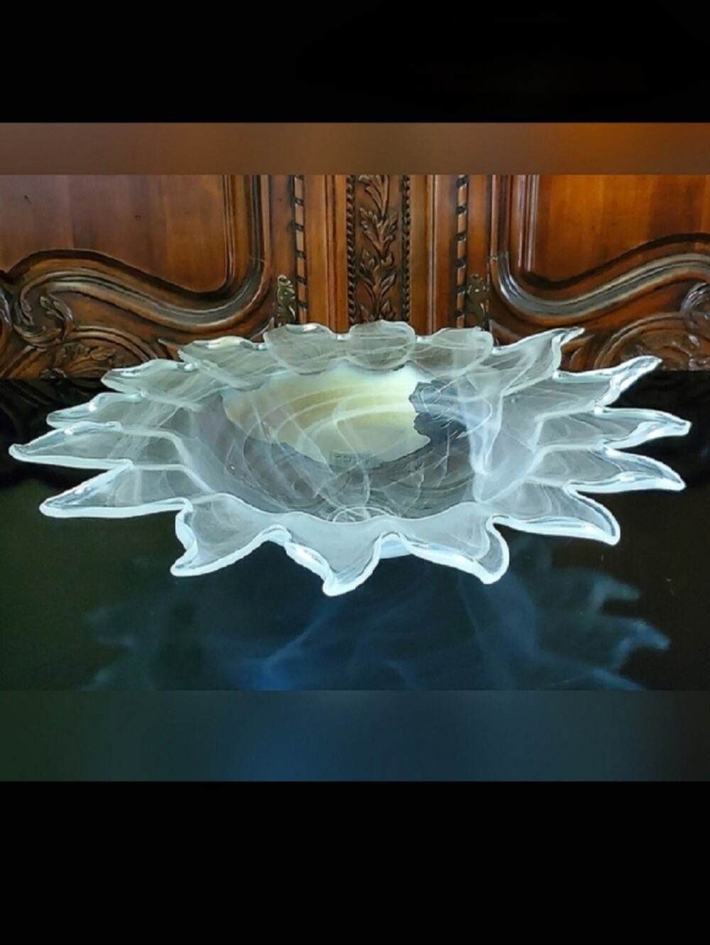 Huge 19 1/2" Helios ☀️ Sun Art Glass Clear White Light Gray Centerpiece Bowl EUC - Picture 8 of 9